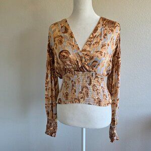 Anthropologie Tiny Valentina Long-Sleeve Printed Surplice Top Smocked Size S